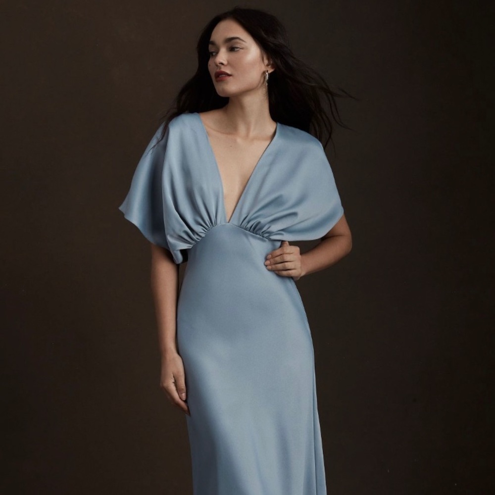 BHLDN Leila Deep-V Flutter-Sleeve Satin A-Line Gown